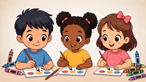 three children creating art for the breakfast optmiist visual arts contest